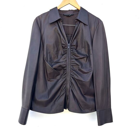 Lafayette 148 Brown Long Sleeve Lambskin Leather Ruched Top Shirt 14 Fitted - Picture 2 of 9